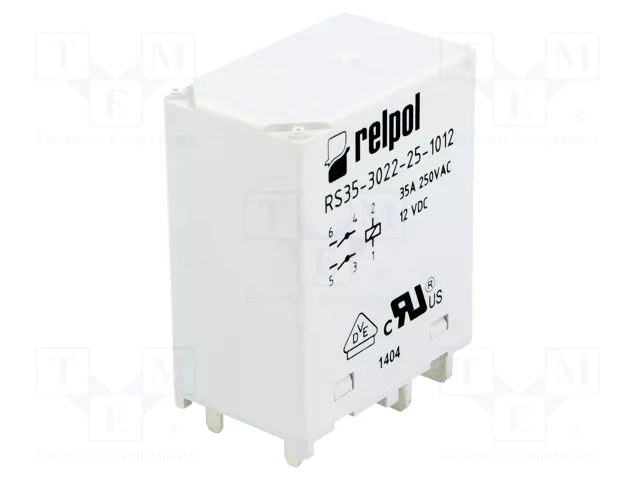 RELPOL S.A High power Relays RS35-3022-25-1005, 2 NO. Contact material: AgSnO2. Voltage coil 5 V DC. Rated load AC1 35 A / 250 V AC. Mounting: for PCB. Cover protection category IP 40.