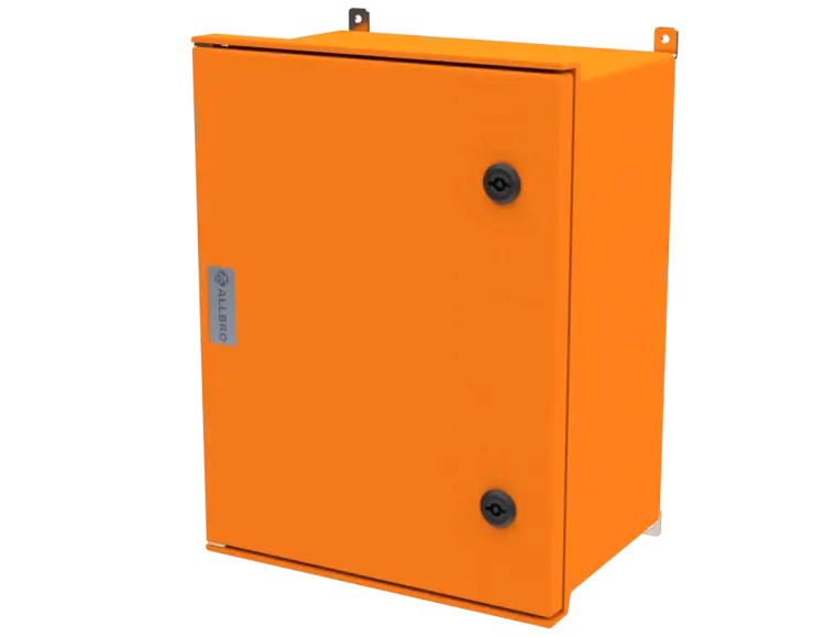 ALLBROX 4 ORANGE WITH SMC DEVICE PLATE ABOVE BOXES INCLUDE: SMC DEVICE PLATE, S/S HINGES, WALL BRACKETS, LOCKING MECHANISM & PANEL KEY