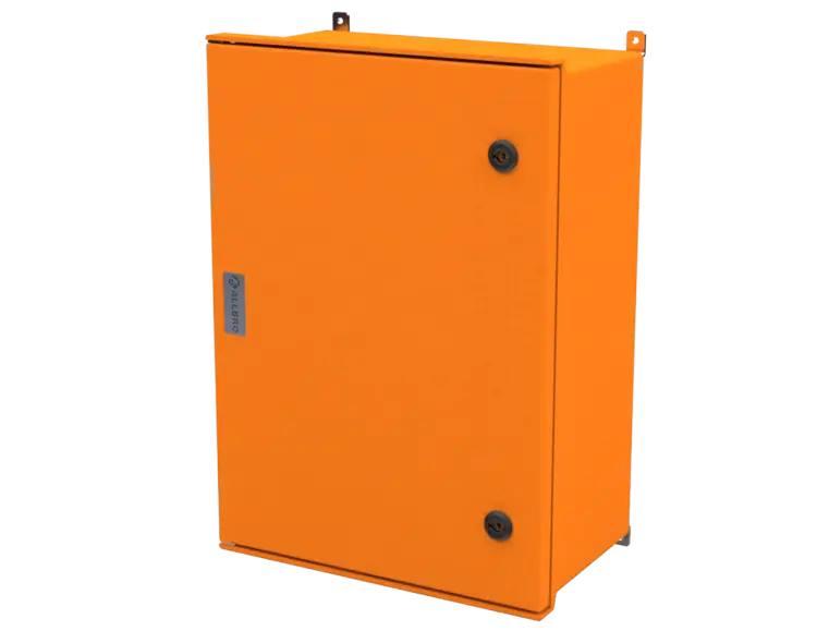 ALLBROX 5 ORANGE WITH SMC DEVICE PLATE ABOVE BOXES INCLUDE: SMC DEVICE PLATE, S/S HINGES, WALL BRACKETS, LOCKING MECHANISM & PANEL KEY