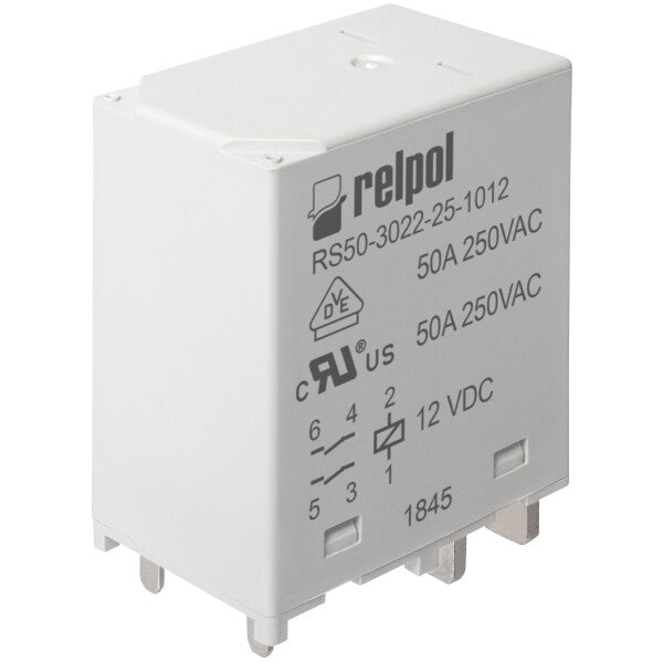 RELPOL S.A High power Relays RS50-3022-25-1009, 2 NO. Contact material: AgSnO2. Voltage coil 9 V DC. Rated load AC1 50 A / 250 V AC. Mounting: for PCB. Cover protection category IP 40.