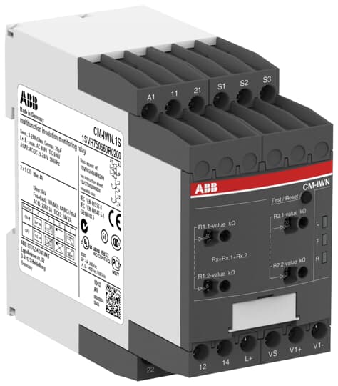 ABB CM-IWN.1S Insulation monitoring relay 2c/o, 1-100kOhm,2-200kOhm, 24-240VAC/DC 1SVR750660R0200