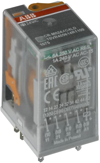 ABB CR-M024AC4G Pluggable interface relay 4c/o, A1-A2=24VAC, 250V/6A gold contacts 1SVR405618R0000