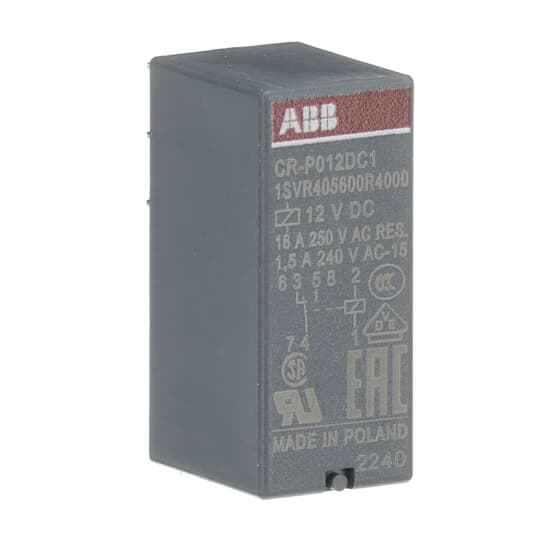 ABB CR-P012DC1 Pluggable interface relay 1c/o, A1-A2=12VDC, 250V/16A 1SVR405600R4000