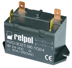 RELPOL S.A High power Relays R20-3021-96-1012, 1 NO. Contact material: AgSnO2. Voltage coil 12 V DC. Rated load AC1  30 A / 250 V AC. Mounting: for flat insert connectors. Cover protection category IP 50.