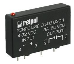 RELPOL S.A Solid state relays, RSR20-D32-D0-06-030-1,  maximum control voltage 32 V DC, output voltage 60 V DC, maximum output circuit current 3 A DC, with operation state signalling, for PCB.  Output circuit switching - instantaneous switching relay