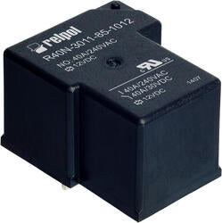 RELPOL S.A High power Relays R40N-3021-25-1024, 1 NO. Contact material: AgSnO2. Voltage coil 24 V DC. Rated load AC1  40 A / 240 V AC. Mounting: for PCB. Cover protection category IP 64.