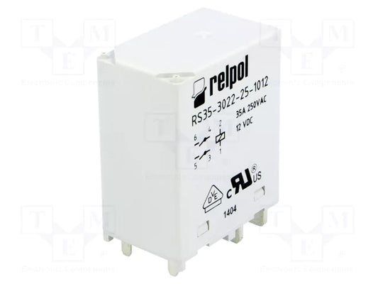 RELPOL S.A High power Relays RS35-3022-25-1018, 2 NO. Contact material: AgSnO2. Voltage coil 18 V DC. Rated load AC1  35 A / 250 V AC. Mounting: for PCB. Cover protection category IP 40.