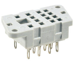 RELPOL S.A Socket for relays: R2M. Solder terminals. Dimensions 40,5 x 14 x 10,5 mm. Two poles. Rated load 5 A, 250 V AC