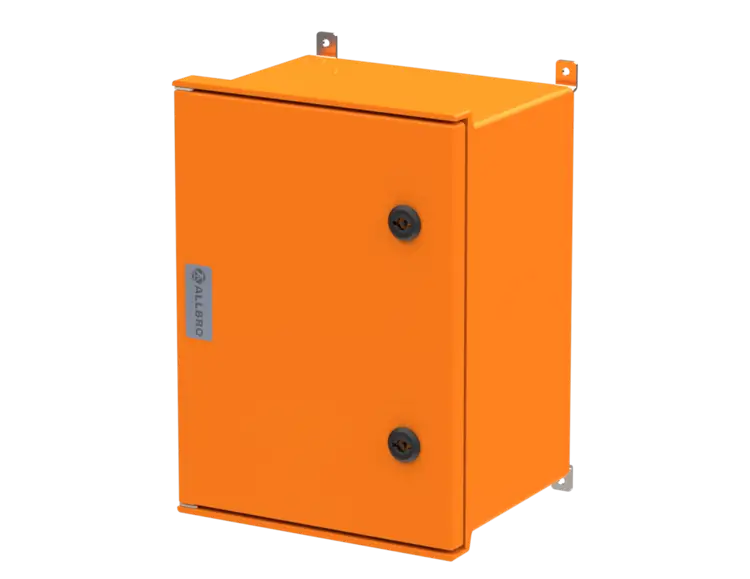 ALLBROX 3 ORANGE WITH SMC DEVICE PLATE ABOVE BOXES INCLUDE: SMC DEVICE PLATE, S/S HINGES, WALL BRACKETS, LOCKING MECHANISM & PANEL  KEY