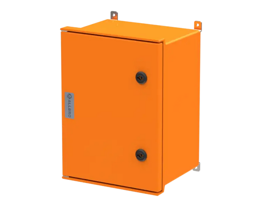 ALLBROX 3 ORANGE WITH SMC DEVICE PLATE ABOVE BOXES INCLUDE: SMC DEVICE PLATE, S/S HINGES, WALL BRACKETS, LOCKING MECHANISM & PANEL  KEY