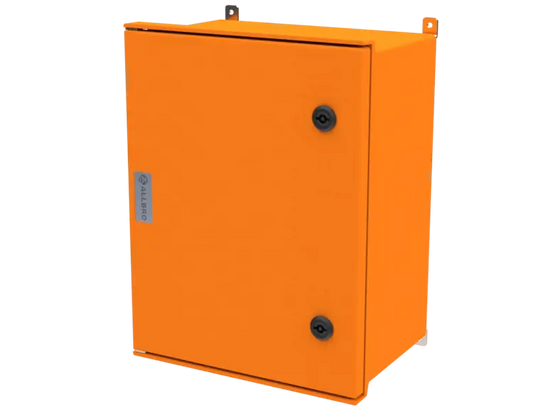 ALLBROX 4 ORANGE WITH SMC DEVICE PLATE ABOVE BOXES INCLUDE: SMC DEVICE PLATE, S/S HINGES, WALL BRACKETS, LOCKING MECHANISM & PANEL  KEY