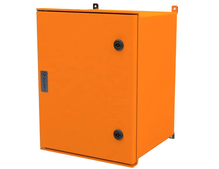 ALLBROX 4 DEEP ORANGE WITH SMC DEVICE PLATE ABOVE BOXES INCLUDE: SMC DEVICE PLATE, S/S HINGES, WALL BRACKETS, LOCKING MECHANISM & PANEL  KEY