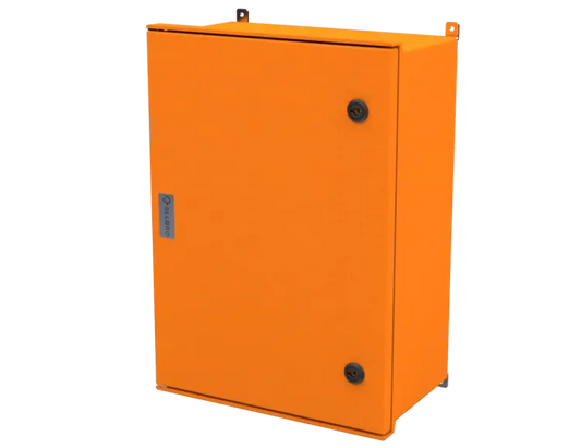 ALLBROX 5 ORANGE WITH SMC DEVICE PLATE ABOVE BOXES INCLUDE: SMC DEVICE PLATE, S/S HINGES, WALL BRACKETS, LOCKING MECHANISM & PANEL  KEY