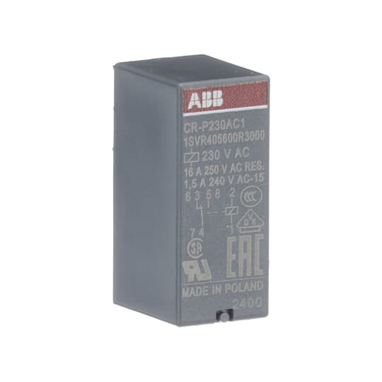 ABB CR-P230AC1 Pluggable interface relay 1c/o, A1-A2=230VAC, 250V/16A 1SVR405600R3000